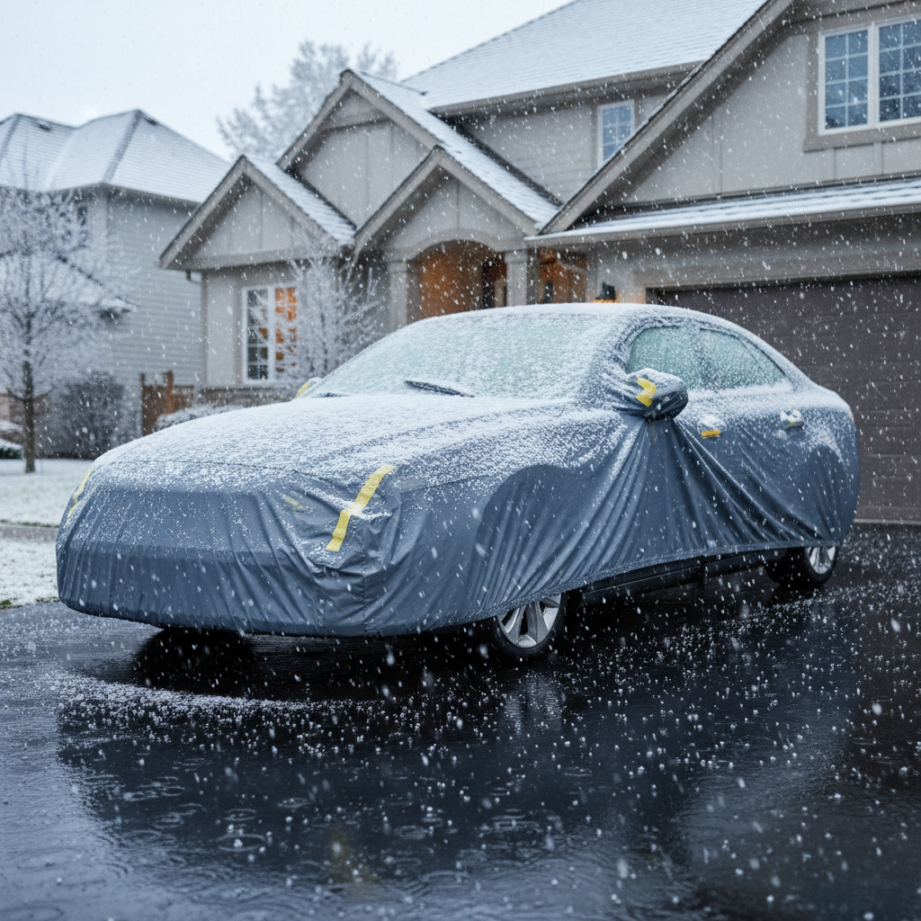 Car covered outdoors during snow and rain for winter protection