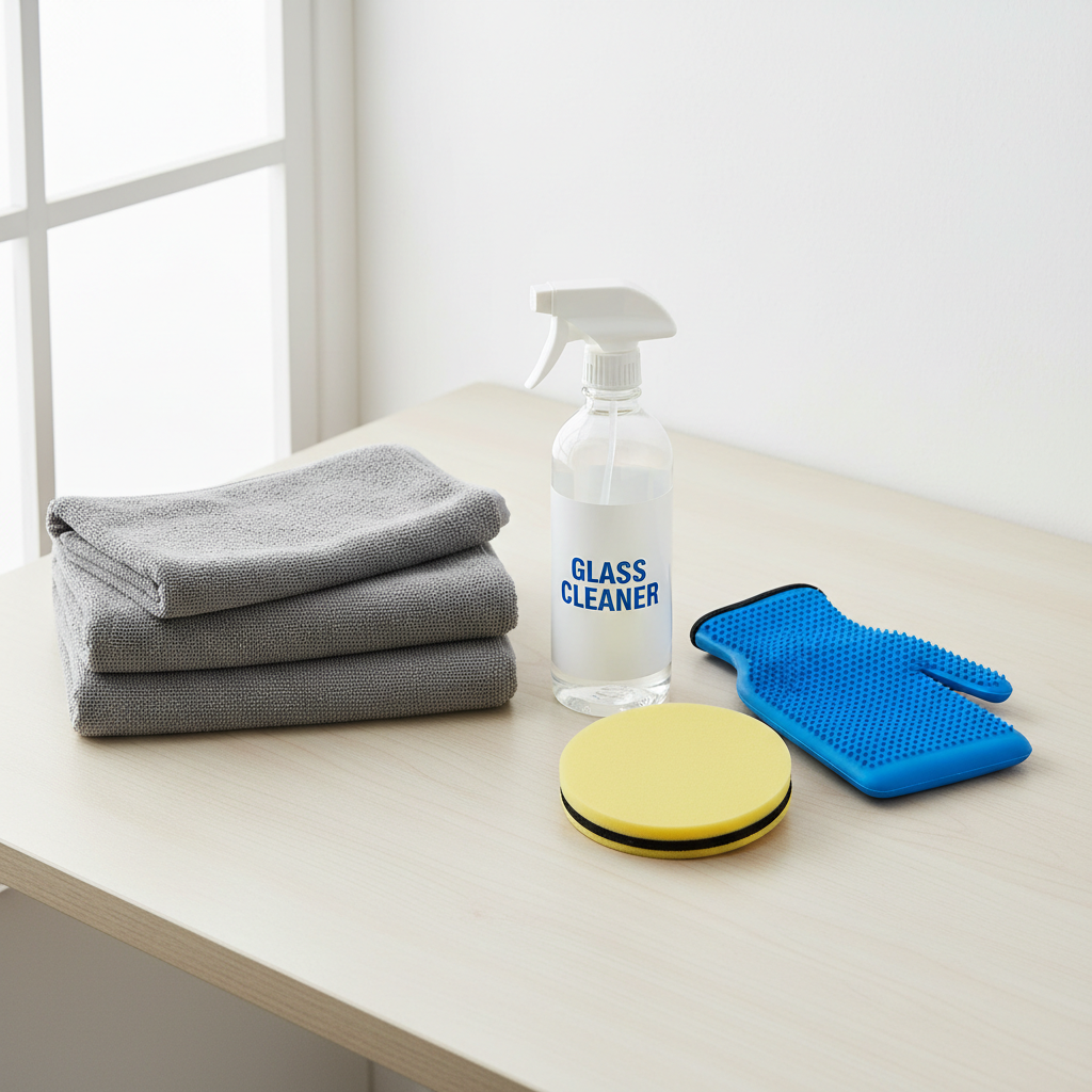 Car glass cleaning tools laid out: microfiber towels, spray bottle, clay mitt
