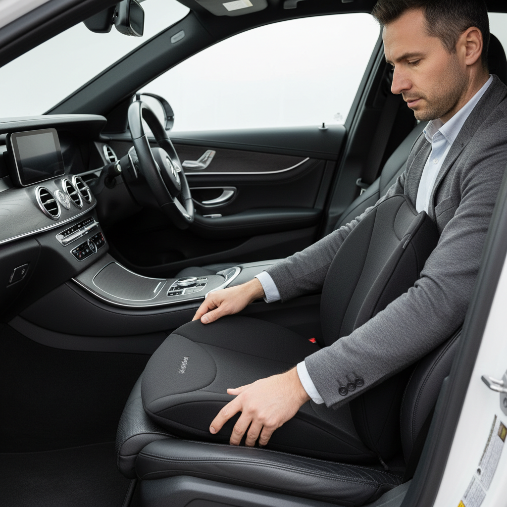 Driver adjusting a car seat cushion for hip pain relief