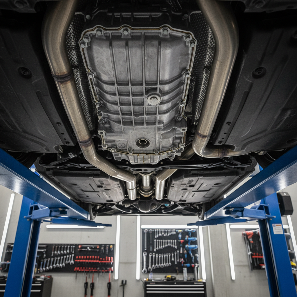 Transmission pan area with visible fluid residue for leak diagnosis