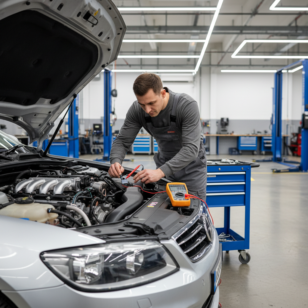 Mechanic testing coolant temperature sensor wiring with a digital multimeter