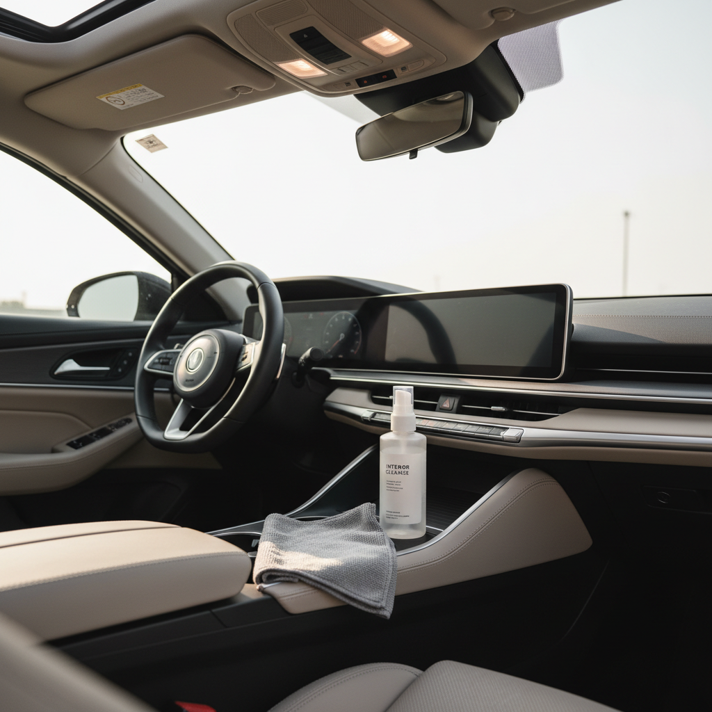 Microfiber cloth and interior-safe cleaner on a car dashboard