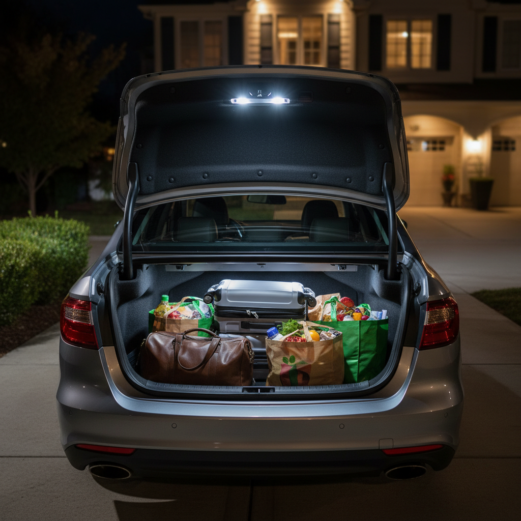 Car trunk with upgraded LED cargo light illuminating luggage at night