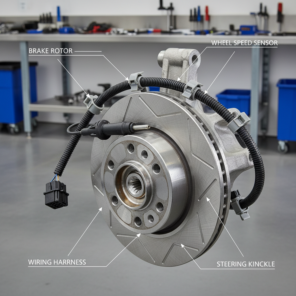 Wheel hub area showing wheel speed sensor wiring and connector near brake rotor