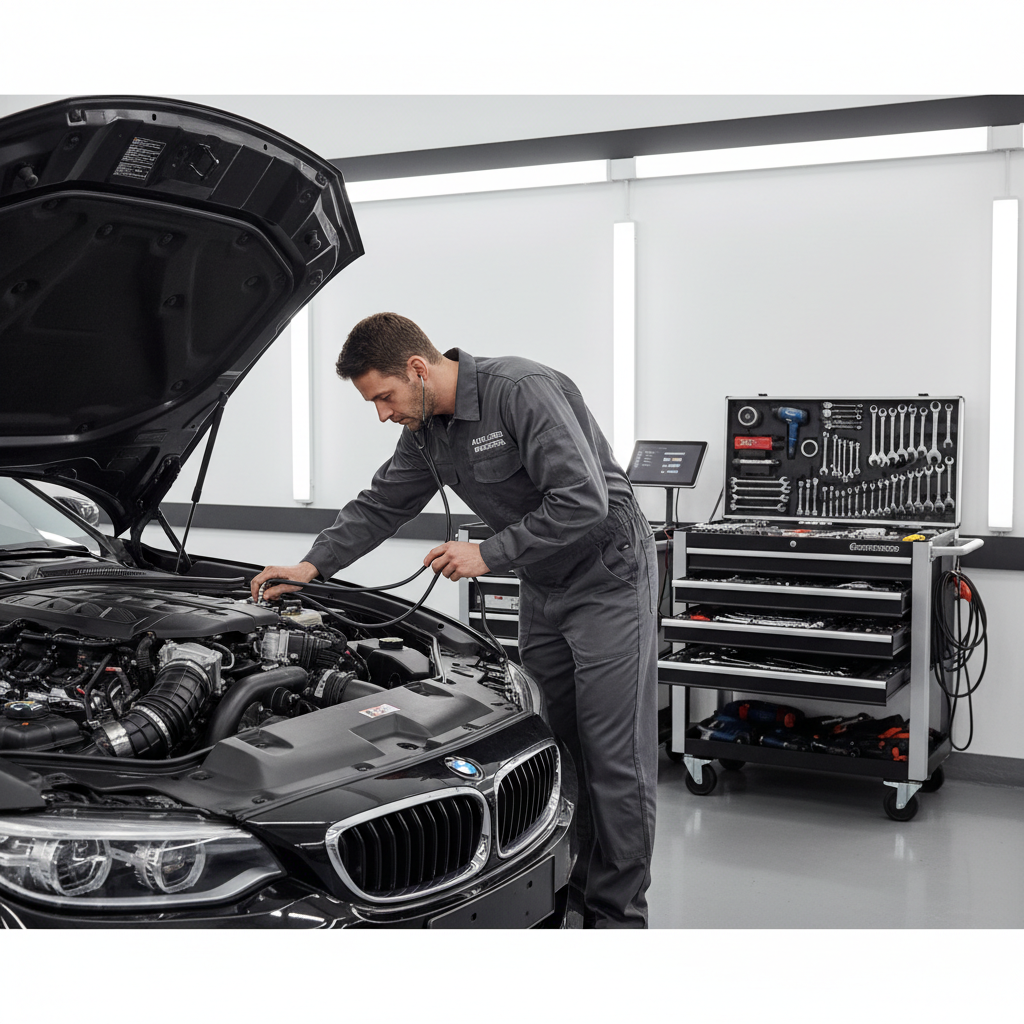 Mechanic listening for ticking noise at idle under car hood