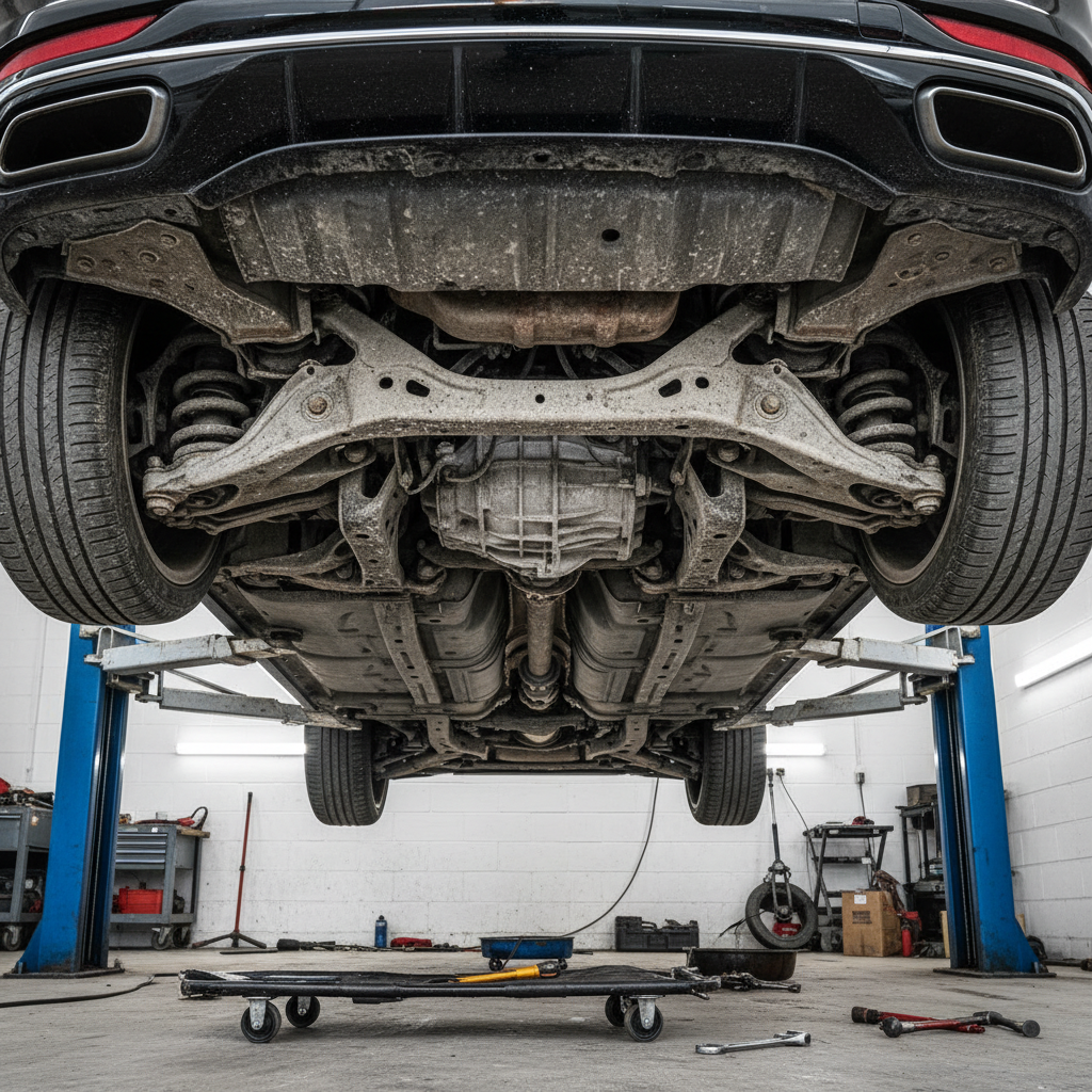 Car undercarriage with road grime buildup before cleaning