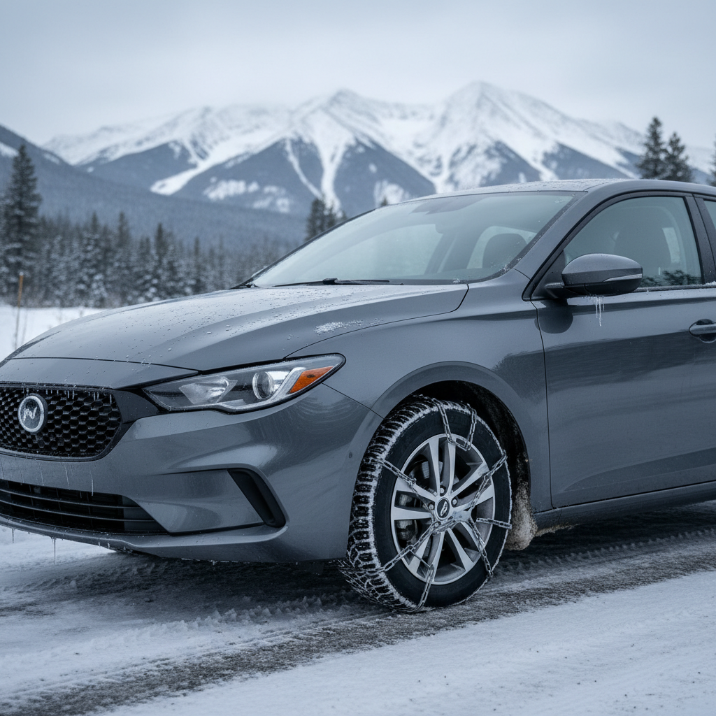 Compact car with tire chains installed on snowy road
