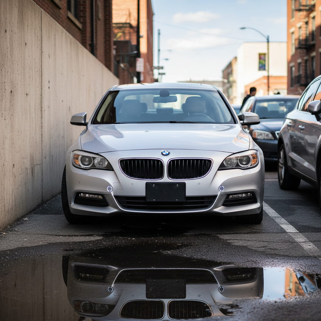 Car parking assist sensors installed on front and rear bumpers in a tight parking space