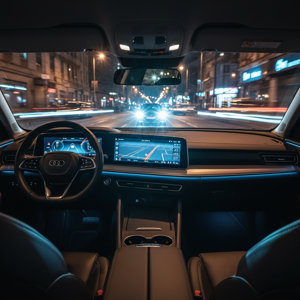 Night driving glare in rear view mirror with bright headlights behind