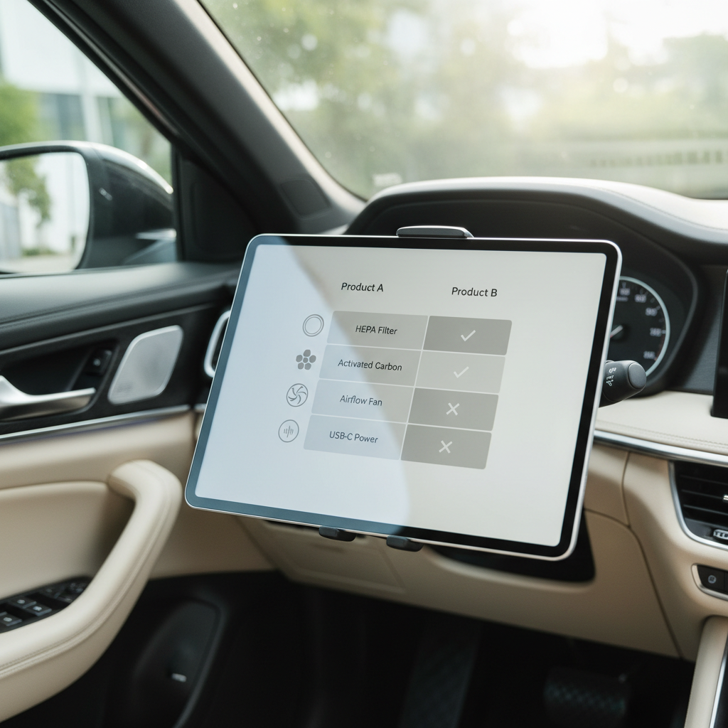 Comparison table concept for choosing a HEPA and activated carbon car air purifier for smoke removal