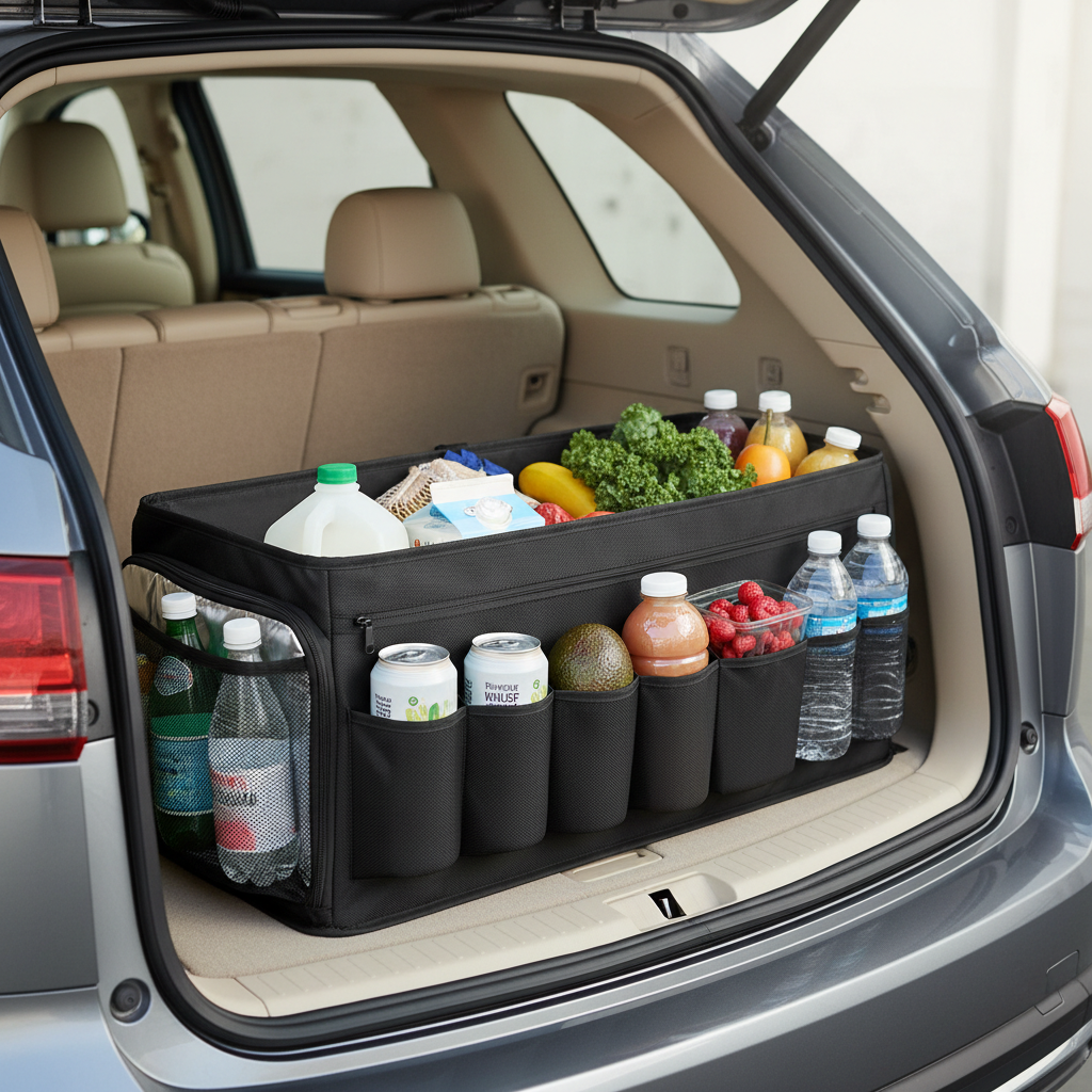 Car trunk organizer with insulated cooler compartment holding groceries