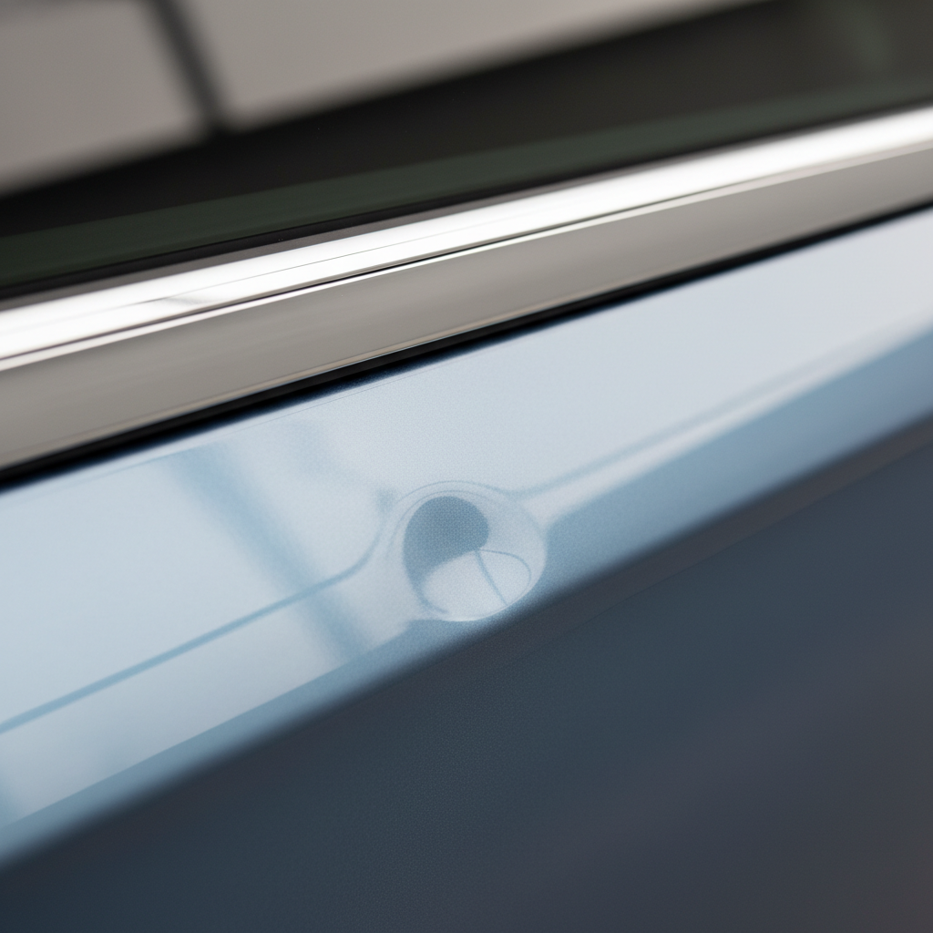 Close-up of a small door ding on a car panel with intact paint