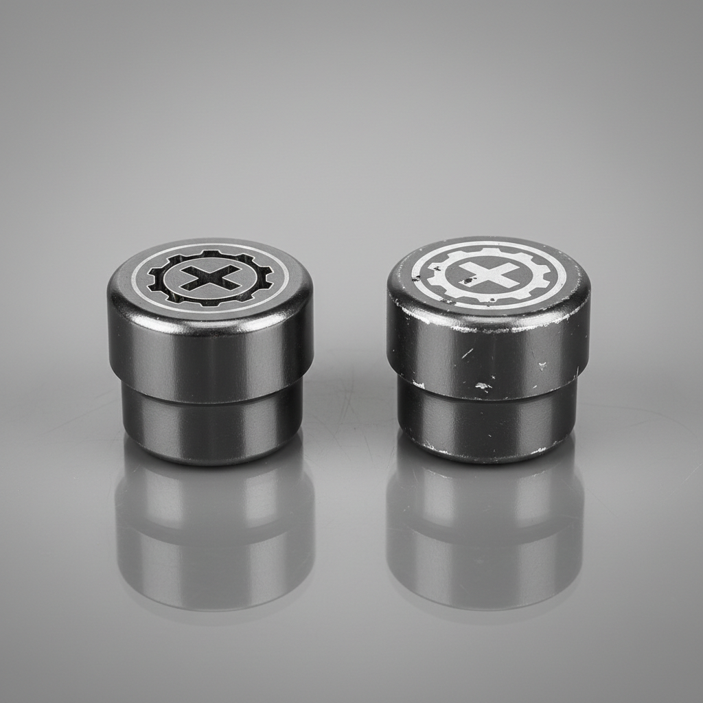 Comparison of engraved vs printed logo valve stem caps