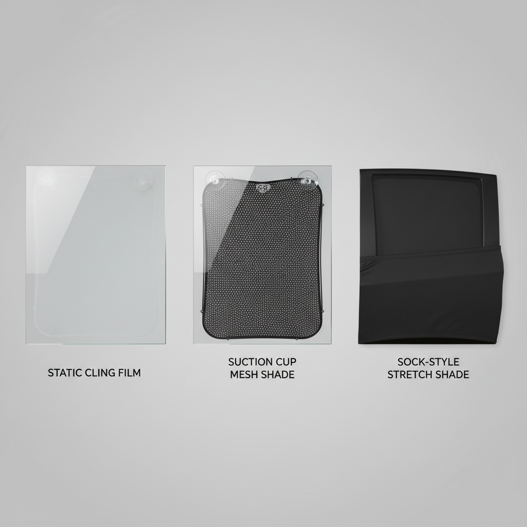 Comparison of static cling, suction cup, and sock-style car window shades