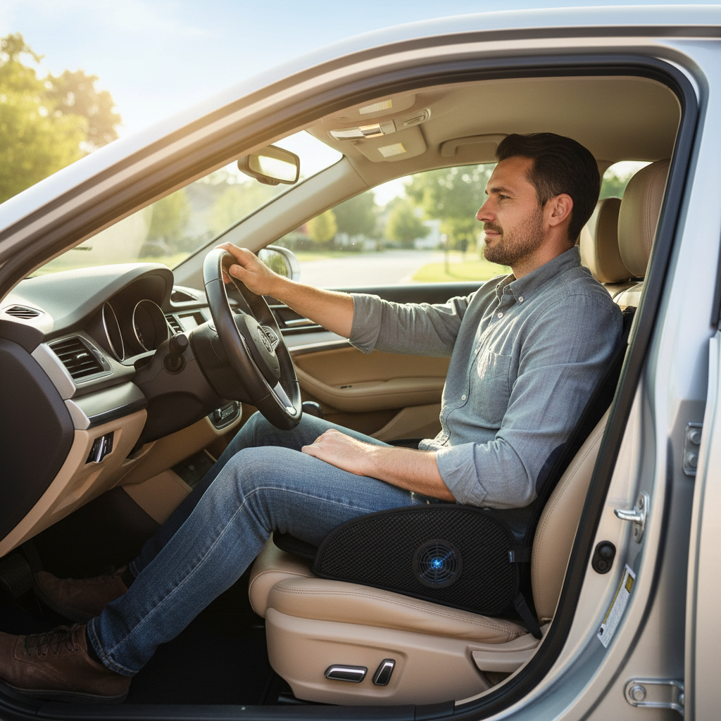Driver using a car seat cooling cushion during summer heat