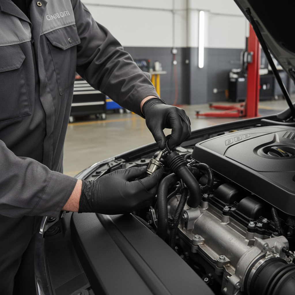 Mechanic inspecting PCV valve and intake hose for oil consumption diagnosis