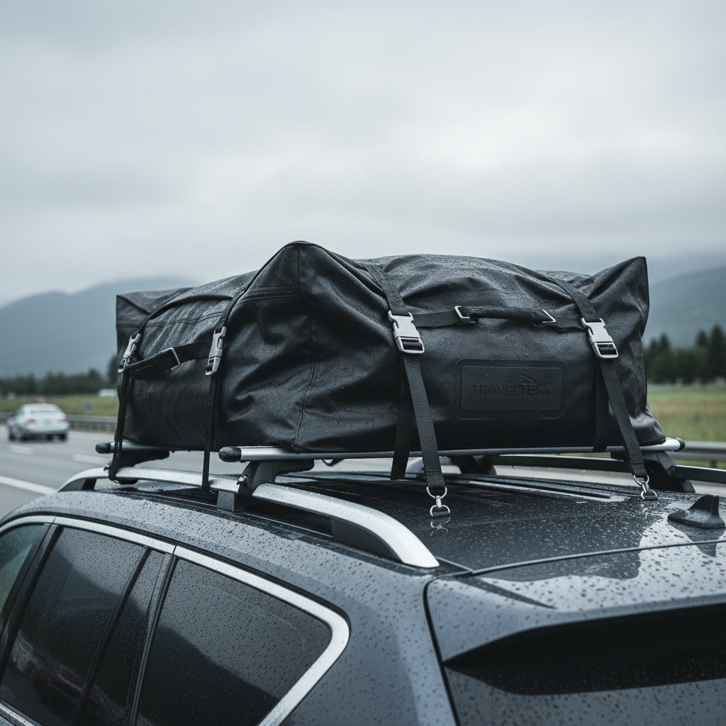 Waterproof car roof cargo bag strapped to an SUV roof rack on a road trip