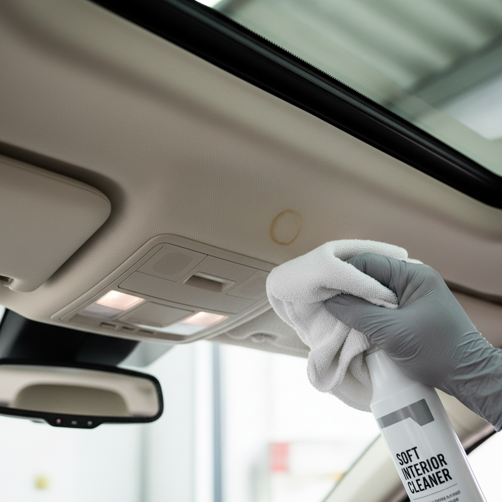 Spot-cleaning a car headliner stain with a microfiber towel
