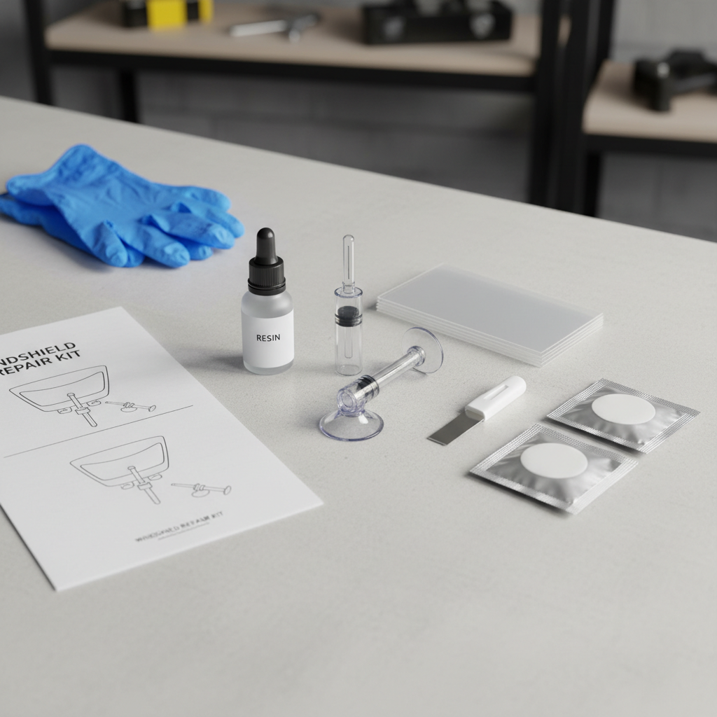 DIY windshield repair kit tools laid out on a clean surface