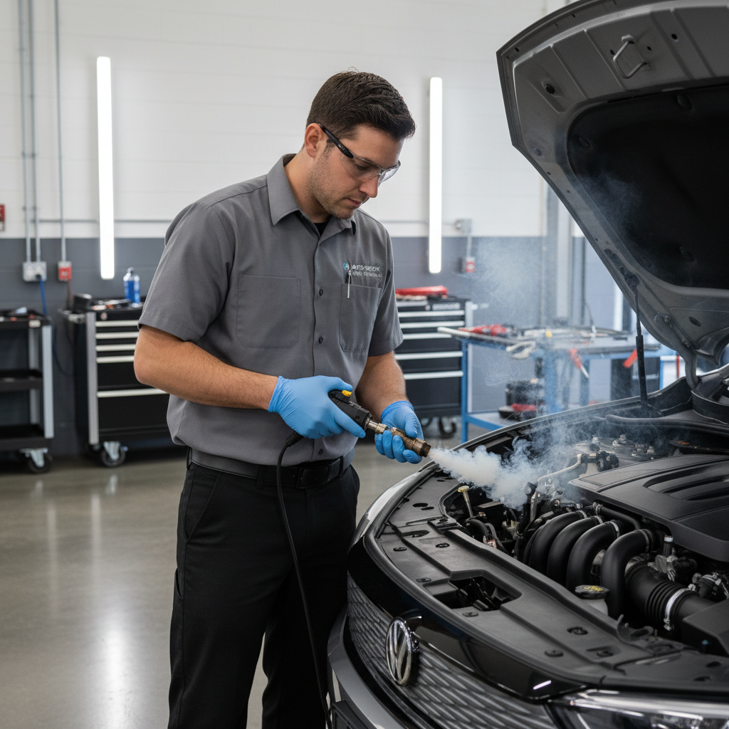 Mechanic performing EVAP smoke test near purge valve and hoses