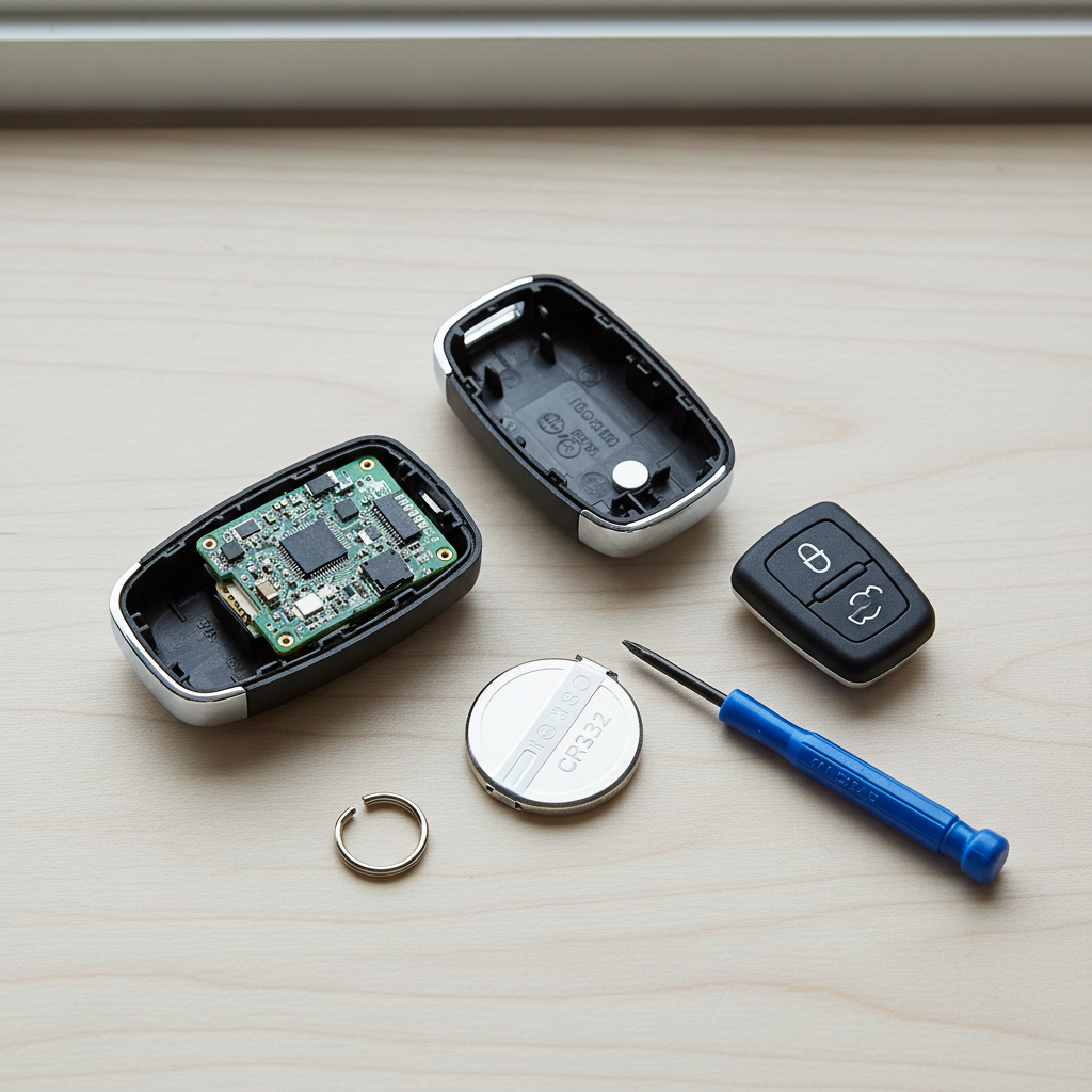 Car key fob battery replacement troubleshooting on a table