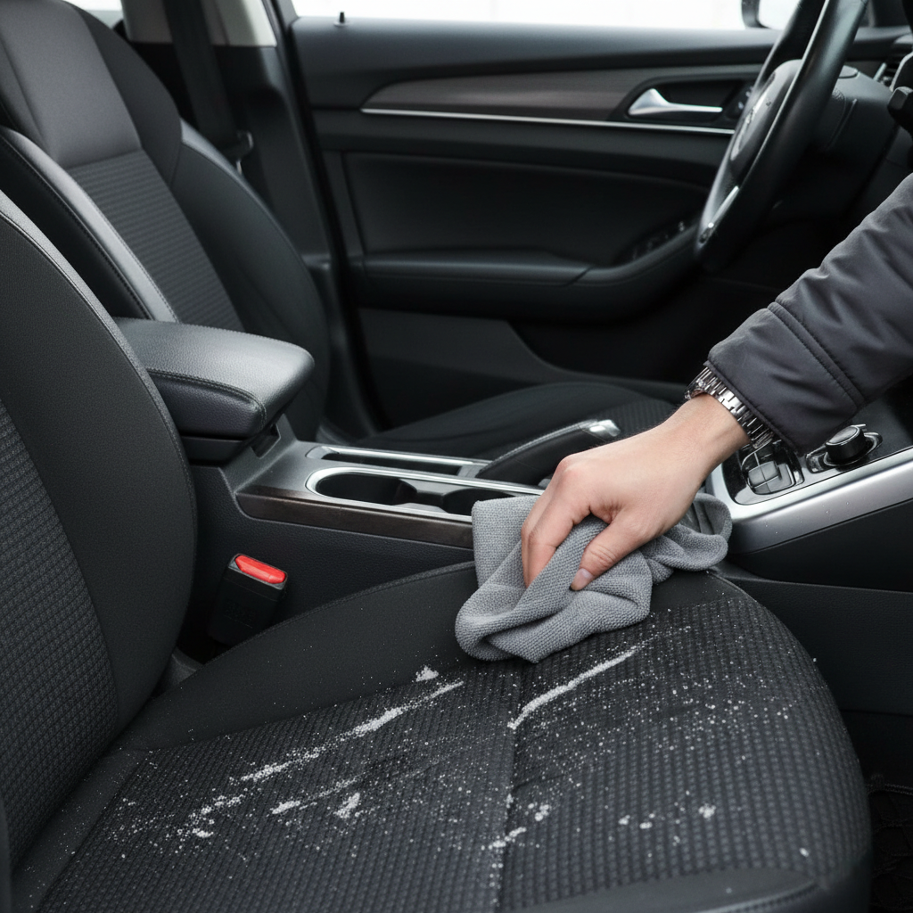 Wiping road salt and melted snow off a waterproof car seat cover in winter