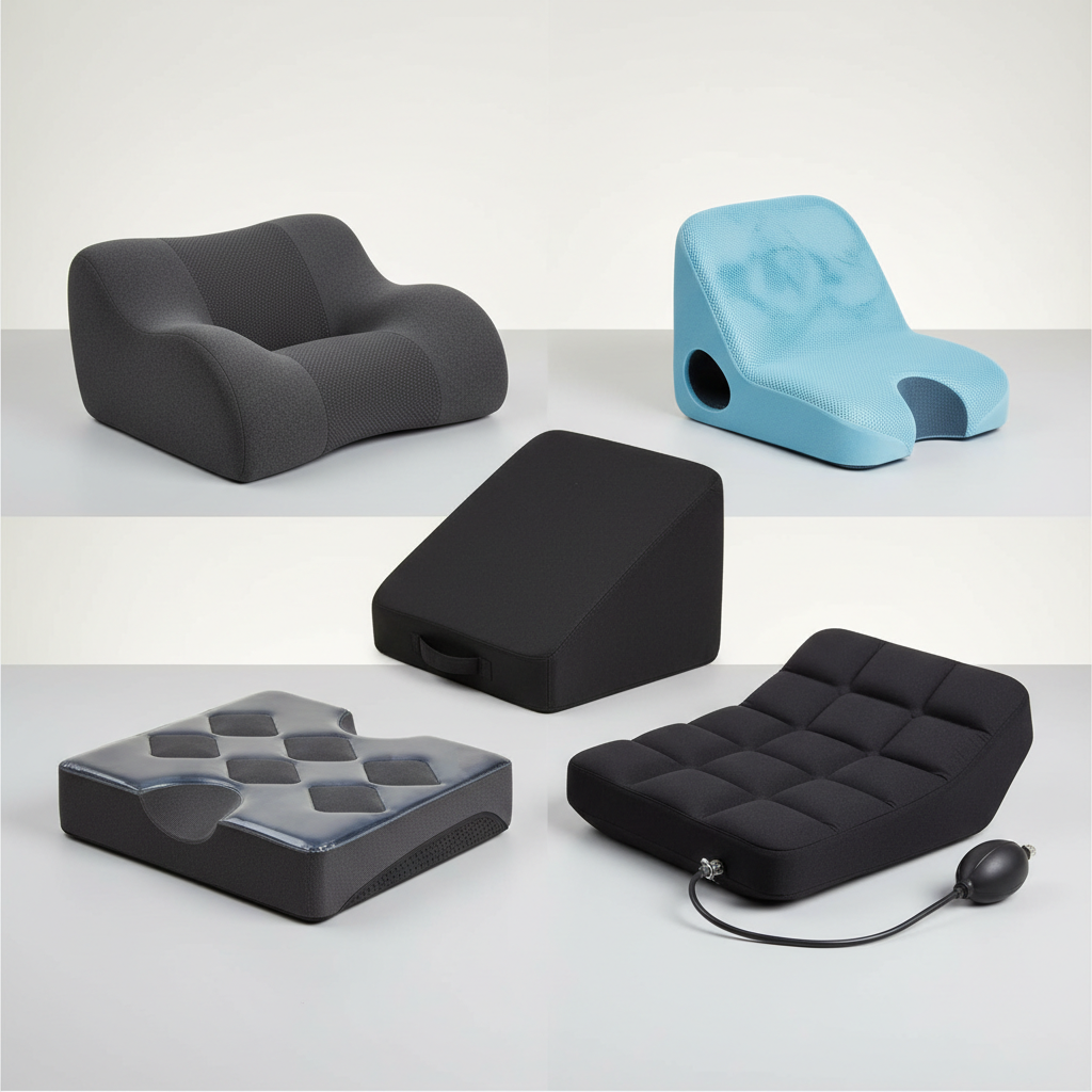 Different types of car seat cushions for hip pain laid out on a table