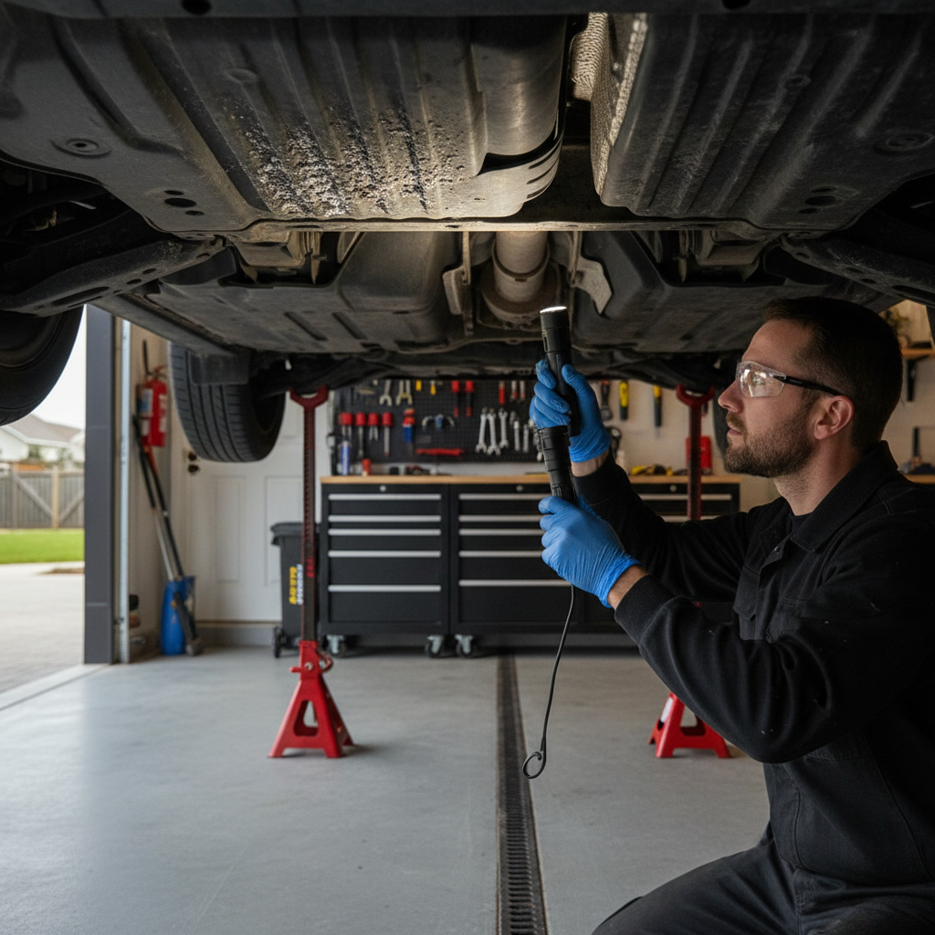 DIY inspection of undercarriage grime using flashlight and gloves