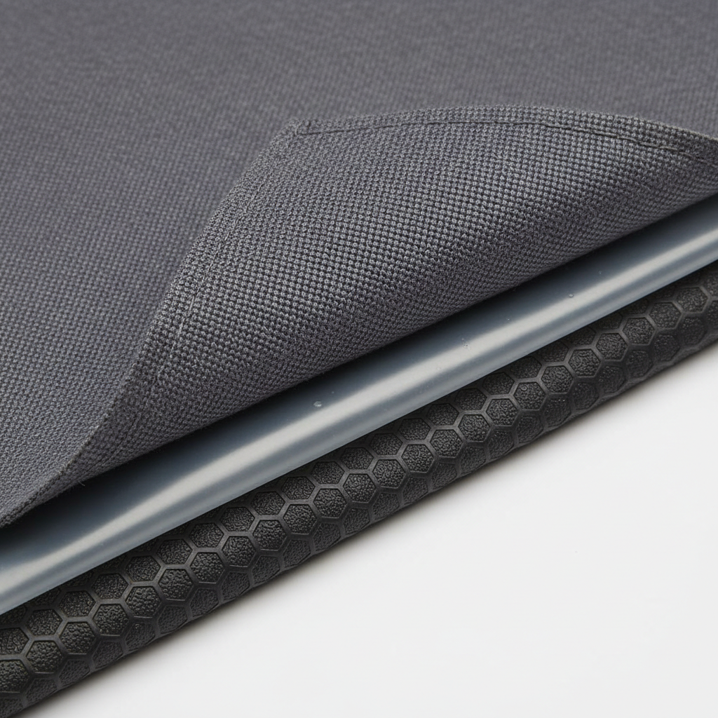 Close-up of TPU waterproof layer and anti-slip backing on a dog car seat cover