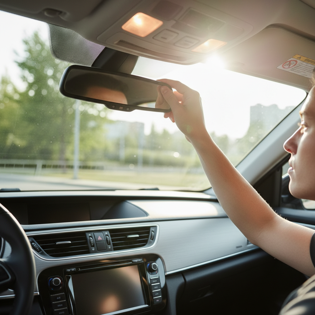 Driver flipping down a car sun visor for quick glare protection