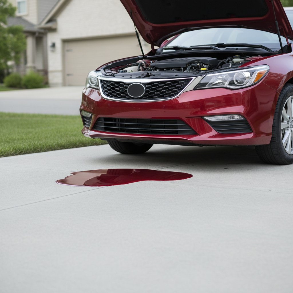 Power steering fluid puddle under the front of a car on a driveway