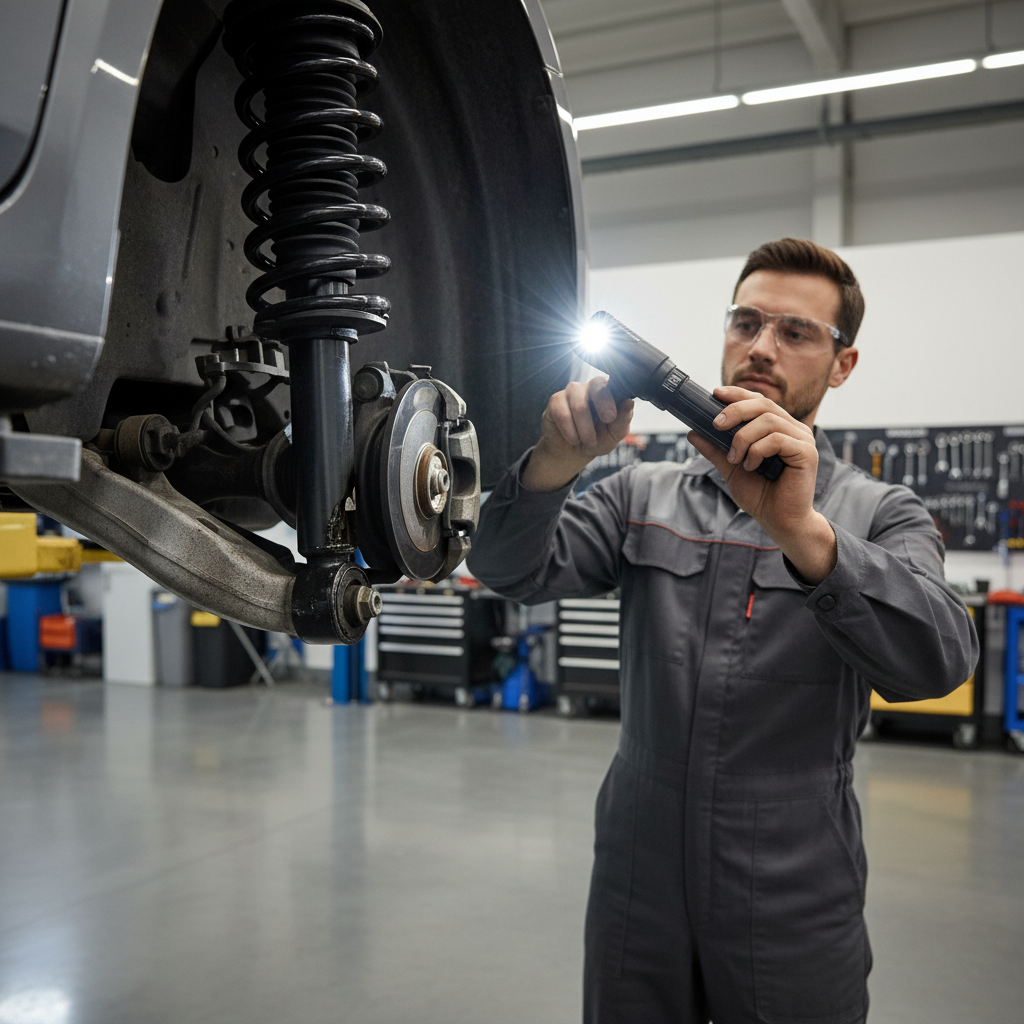 Mechanic inspecting strut and shock for leaks and worn bushings on a lifted car