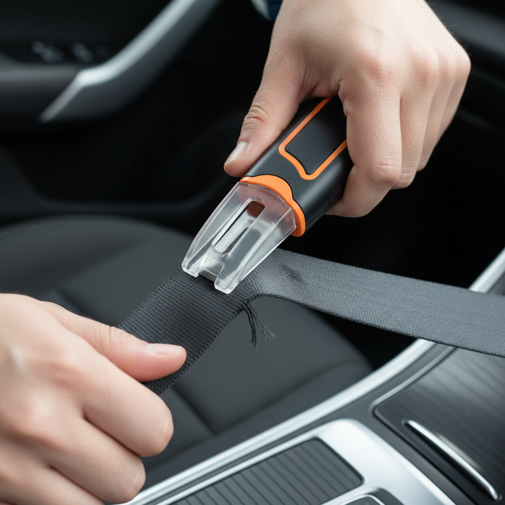 Hands using a protected seatbelt cutter on a tensioned seatbelt in a car interior