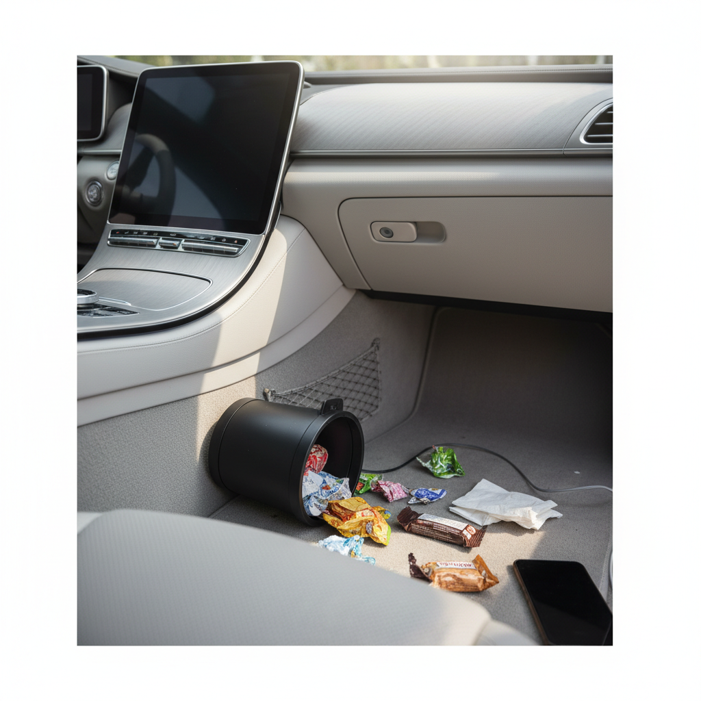 Front seat car trash can tipping risk example in vehicle footwell