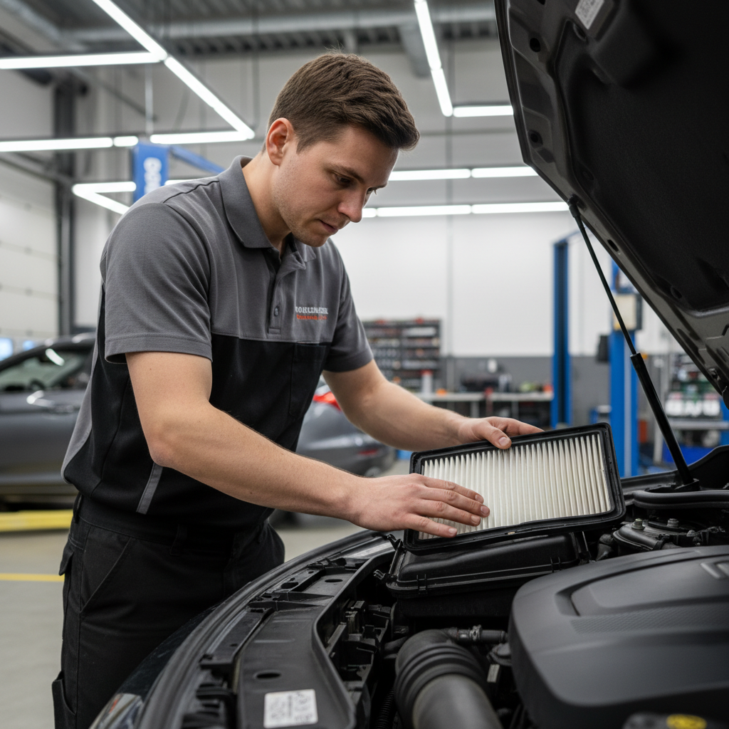 Mechanic checking air filter seal and airbox fitment for low restriction performance