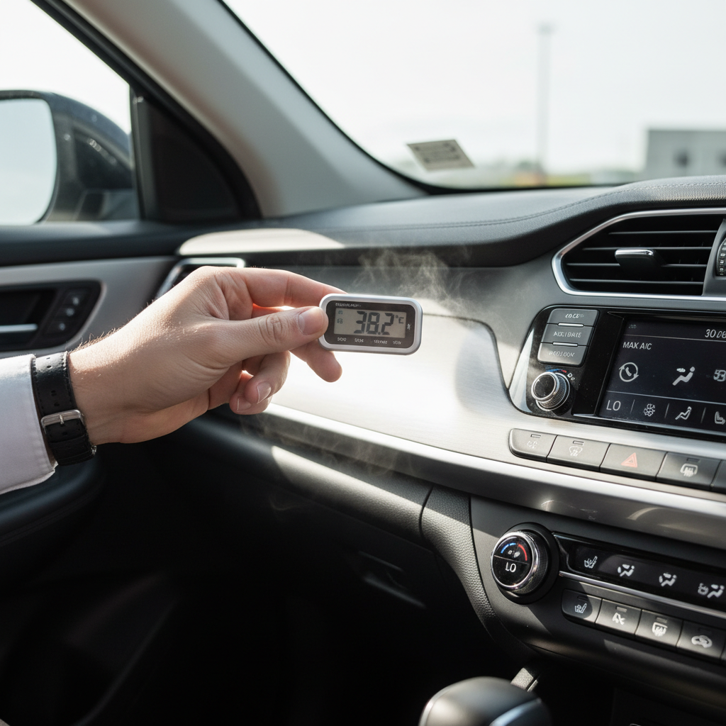 Checking car AC vent temperature and climate control settings