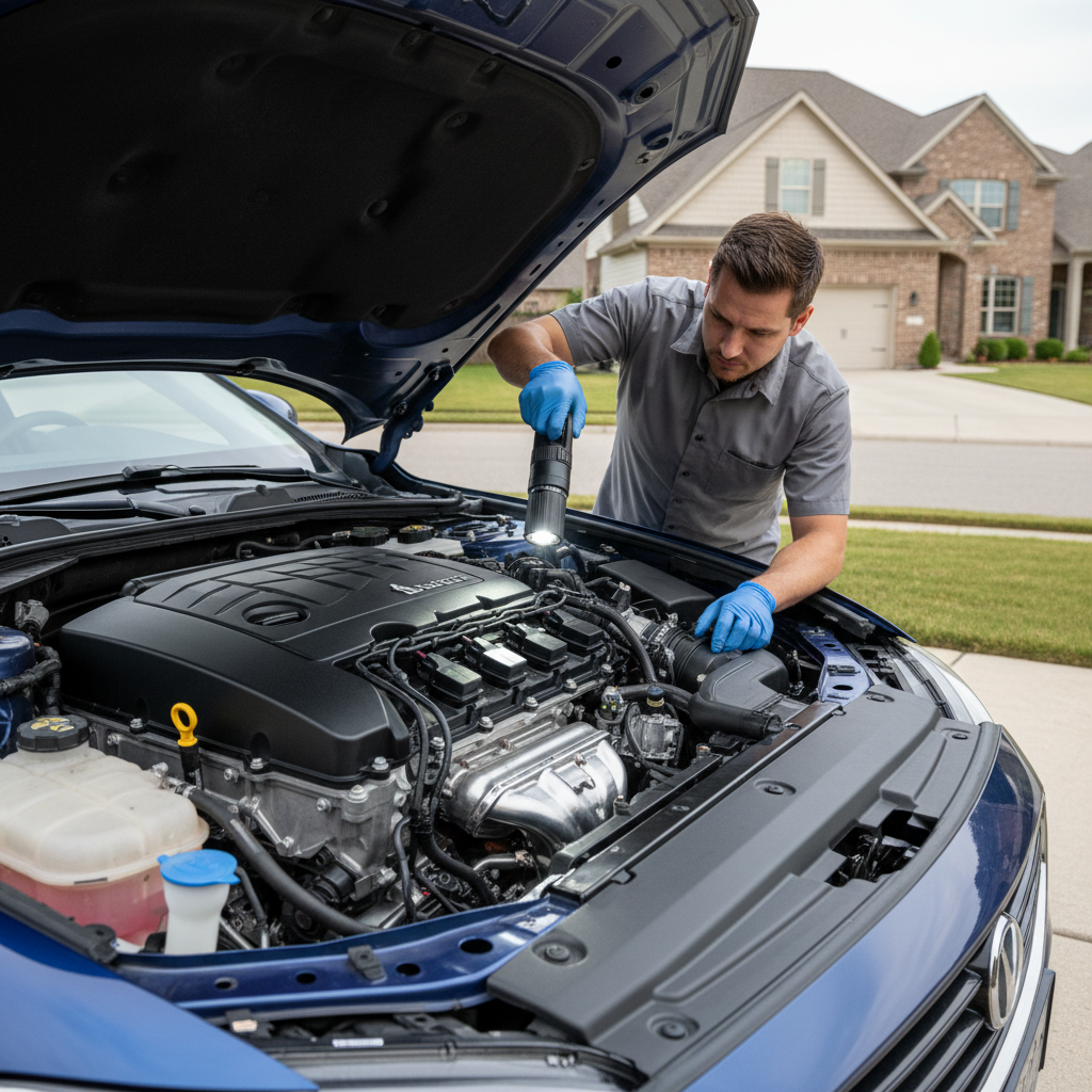 Car engine bay inspection for misfire under load troubleshooting
