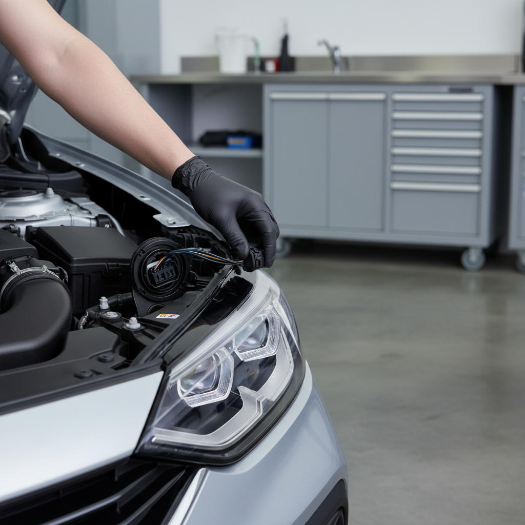 Technician accessing headlight bulb behind housing in engine bay