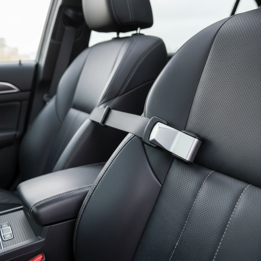 Seat belt adjuster positioned on shoulder strap for better comfort and safety fit