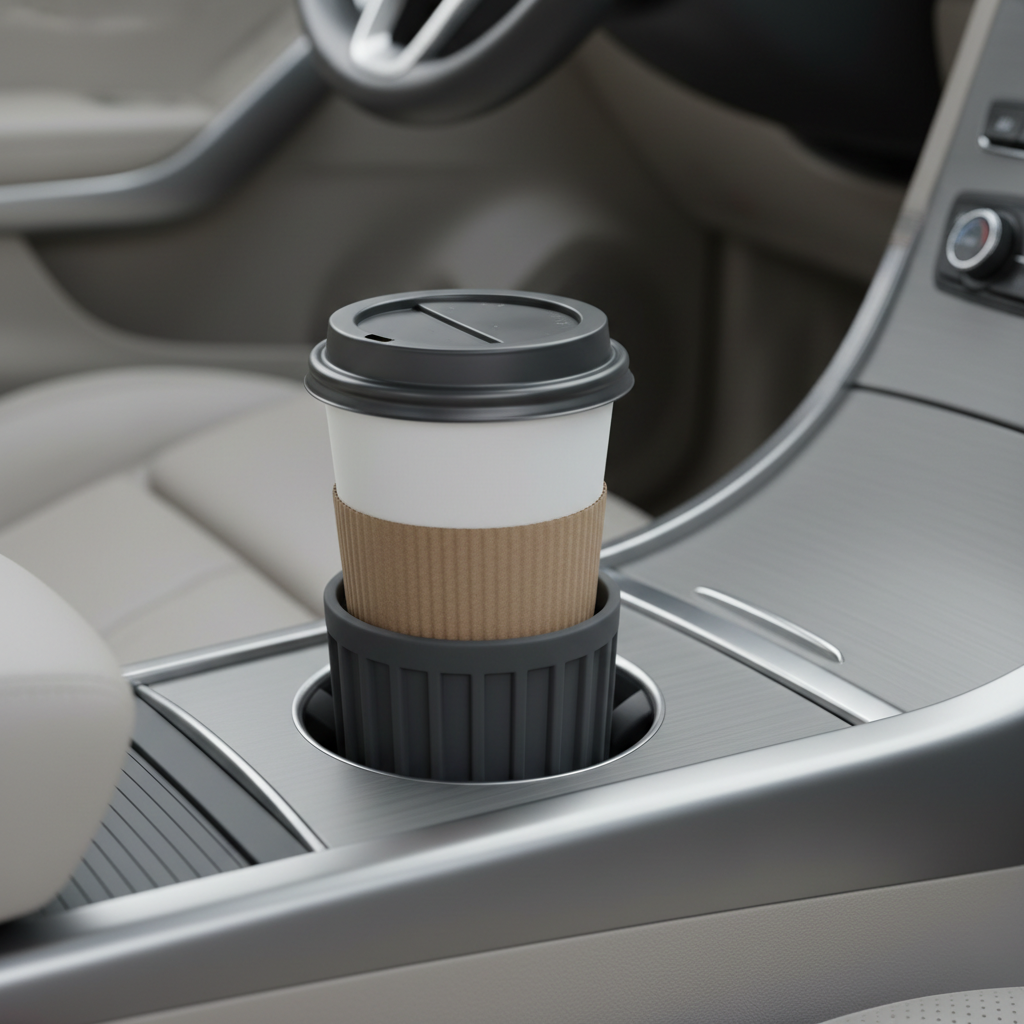 Silicone cup holder insert installed in a car console holding a small coffee cup securely