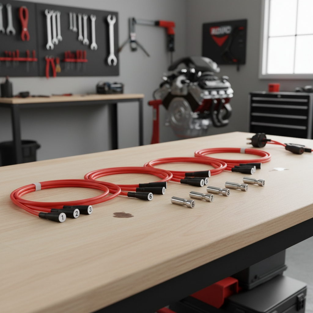 New spark plug wire set laid out in order for installation