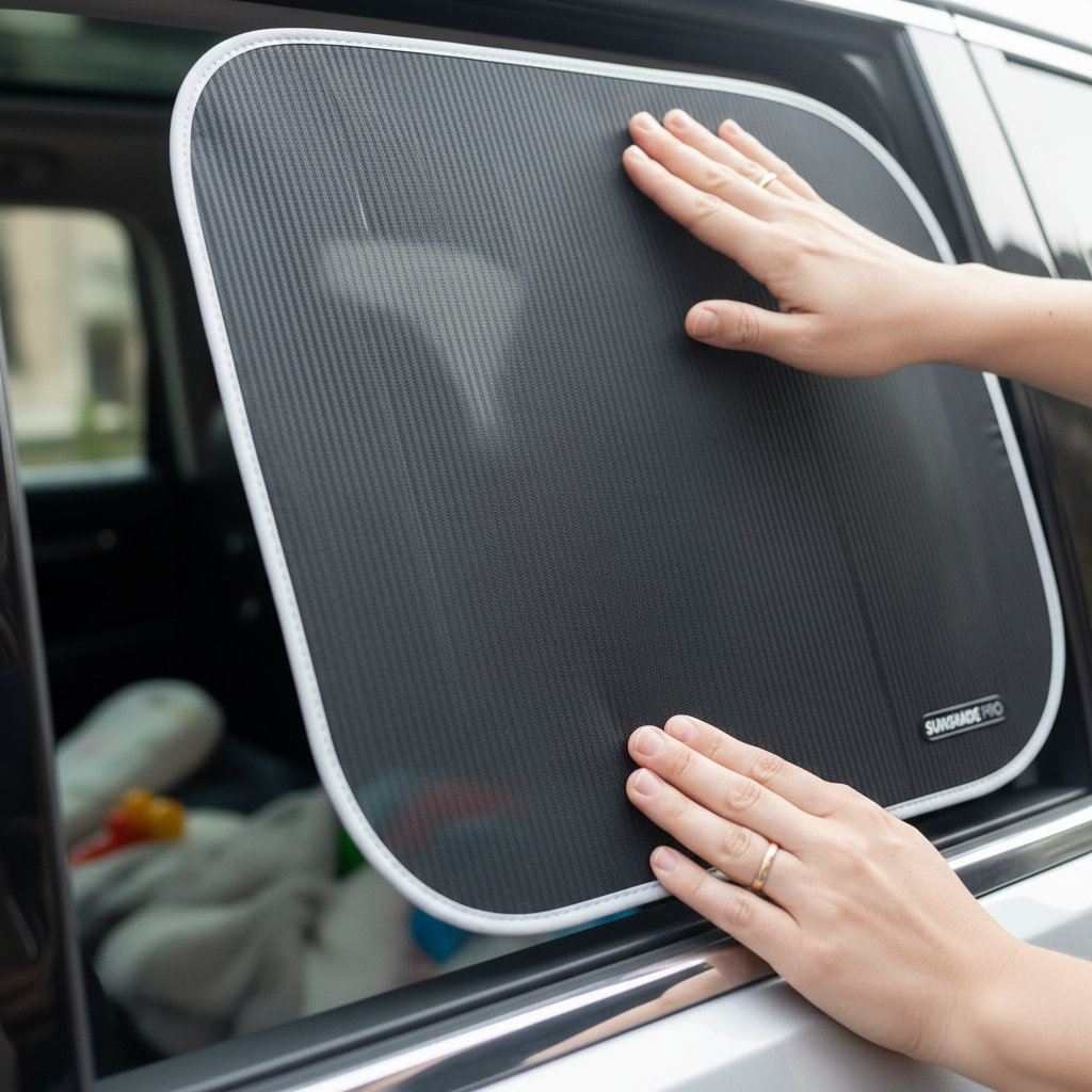 Parent installing a rear side window sun shade carefully for better coverage