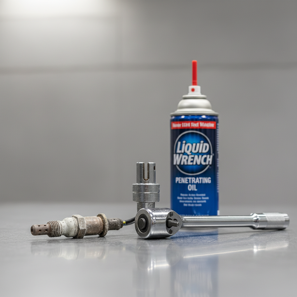 Oxygen sensor removed from exhaust with O2 sensor socket and ratchet on workbench