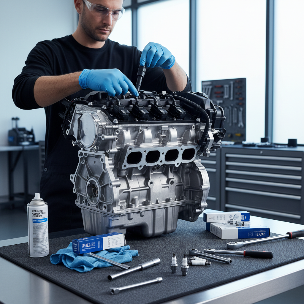 Technician performing ignition coil swap and spark plug inspection