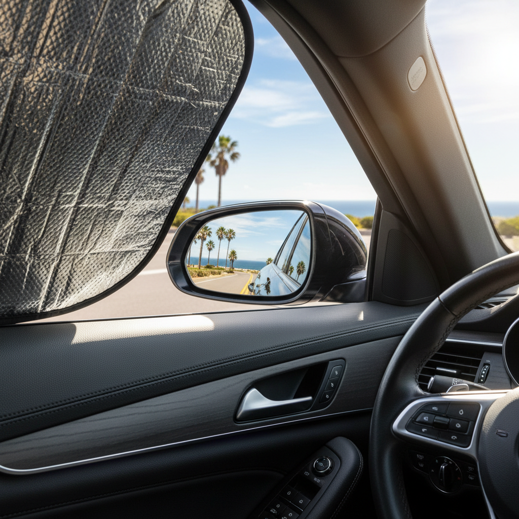 Driver checking side mirror with a front seat side window sun shade installed