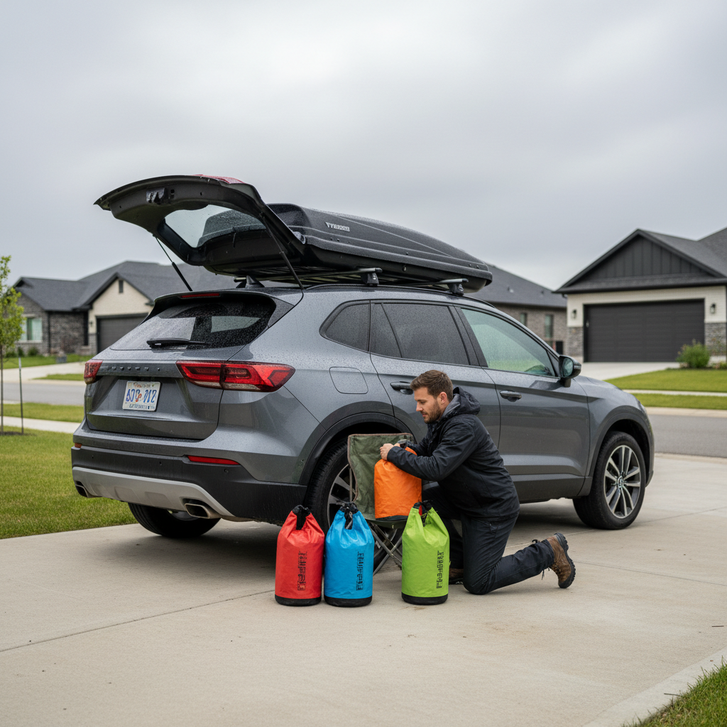 Driver packing dry bags inside a roof box for rain protection