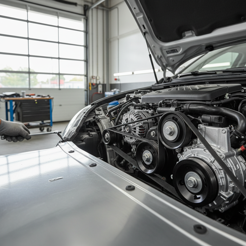 Car AC compressor clutch and belt drive under the hood