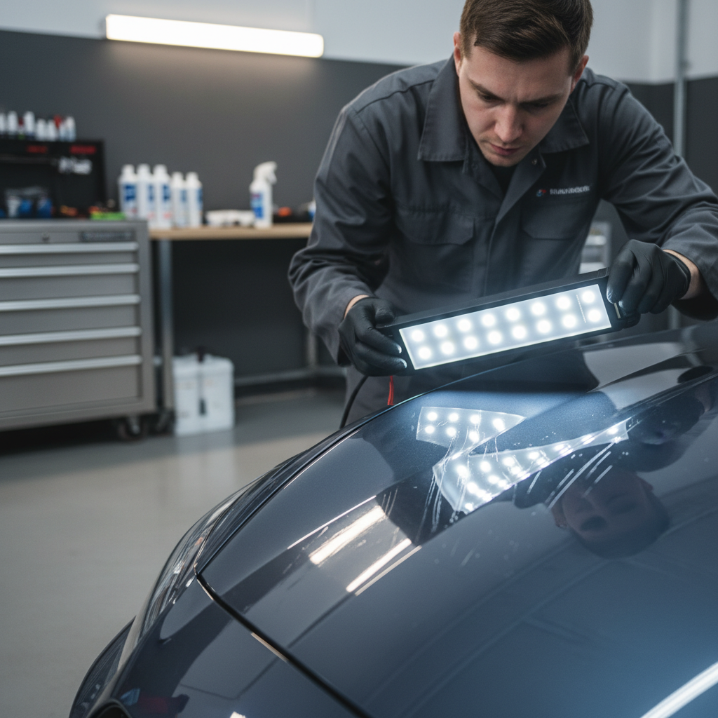 Inspecting car paint for streaks and high spots under LED light after sealant application