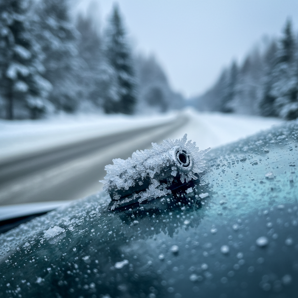 Windshield washer nozzle clogged with ice and road salt close-up