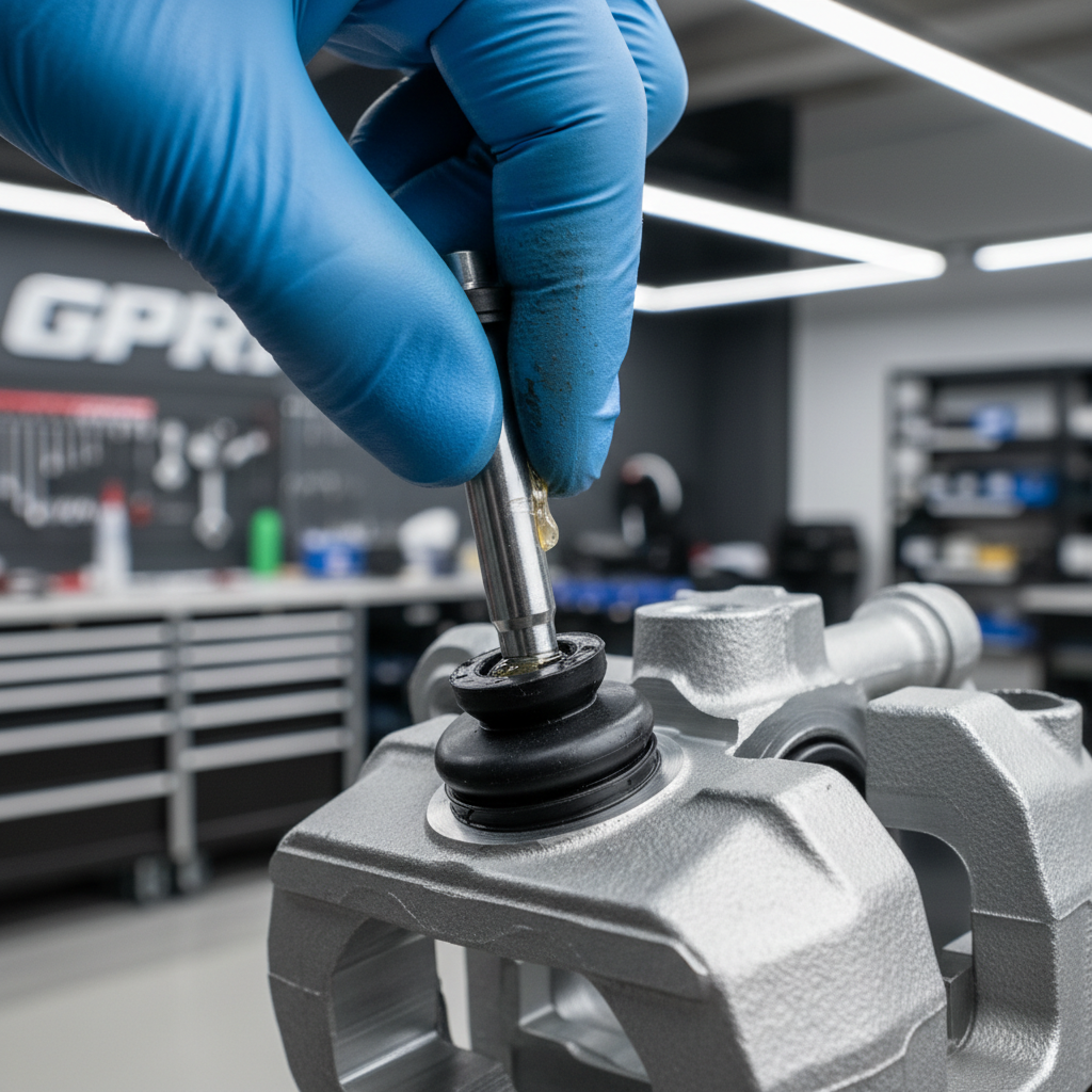 Properly greased caliper slide pin being inserted into a rubber boot